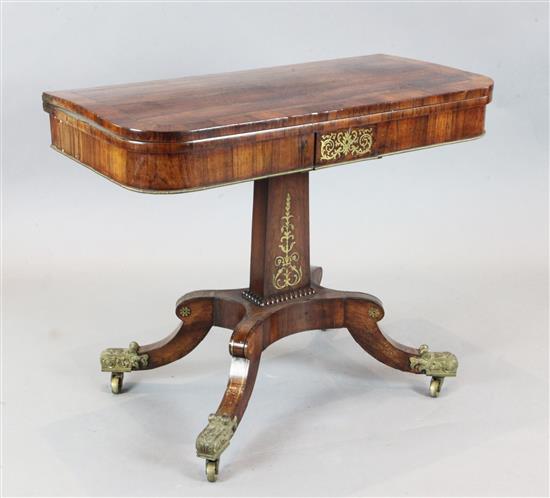 A Regency brass inlaid rosewood card table, W.3ft D.1ft 6in. H.2ft 4in.